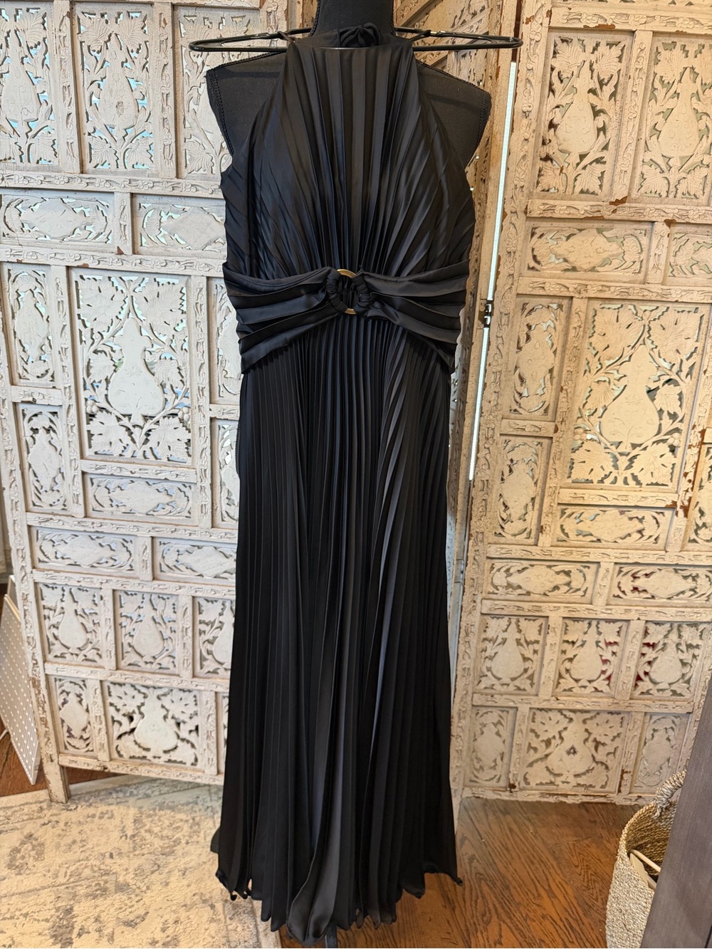 Taylor Black Pleated Halter Maxi Dress with Ring Detail